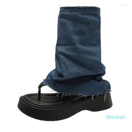 Sandals 2023 Summer Casual Denim Platform Cool Boots Flip Flop Mid Heels Fashion Dress Women Shoes Designer Trendy Slippers