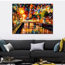 Contemporary Canvas Wall Art Lights and Shadows of Amsterdam Handcrafted Landscape Painting New House Decor