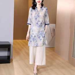 Women's Two Piece Pants Summer Autumn Elegant Suit Female Chinese Style Cotton Linen Top Retro Ink Bamboo Print T-shirt Trousers Two-piece