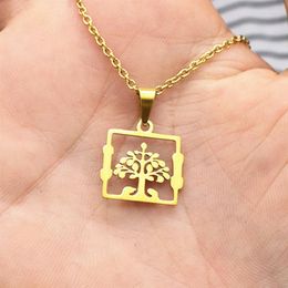 Pendant Necklaces Fashion Framed Tree Necklace Of Life Stainless Steel Dainty Square Shape Women