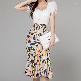 Work Dresses Arrival Fashion Korean Style Suit For Women Summer Elegant OL Temperament Trend Print Skirt And Tops White Slim 2 Piece Set