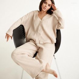 Women's Sleepwear Cotton Linen Women's Pyjama Set Auutmn 2 Pcs With Pant Ladies Solid Single Breasted Long Sleeve Pijama Suit For Female