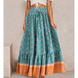 Skirts High-waisted Boho Maxi Femme Women Floral Print Pleated Skirt Rayon Cotton Elastic