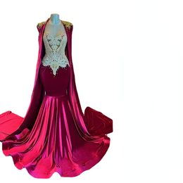 Fabulous Mermaid Velvet Evening Dresses With Cape Backless African Prom Gowns Beaded Illusion Jewel Neckline Sweep Train Sequined Formal Dress