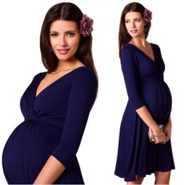 Maternity Dresses Dresses For Women Pregnant Dresses Maternity V-neck Three Quarter Sleeve Pleated Beautiful Clothes Pregnancy Party Evening Dress 230614