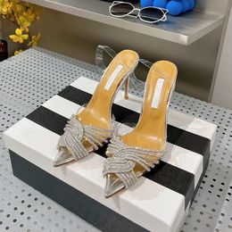 Transparent PVC high heels sandals diamond ribbon cross-weave banquet wedding holiday Female crystal high-heeled shoes with box