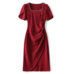 2023 sommer Rot Einfarbig BeadedDress Kurzarm Square Neck Knielangen Casual Kleider W3L041501