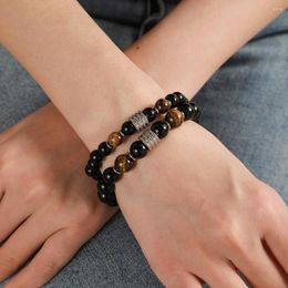 Charm Bracelets Matte Onyx Stone & Tiger Eye Bead Bracelet For Women Jewellery Stainless Steel Charms Elastic Stretch Men