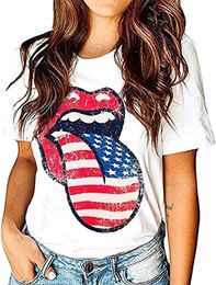 Fashion New Womens American Flag Lips T-Shirt Funny July 4th Independence Day Graphic Tees Tops