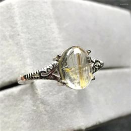 Cluster Rings 10mm Top Natural Gold Rutilated Quartz Ring For Woman Lady Man Crystal Oval Beads Silver Gemstone Adjustable Jewellery