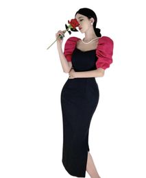 Women's square collar Colour block puff short sleeve slim pencil maxi long party dress vestidos SML