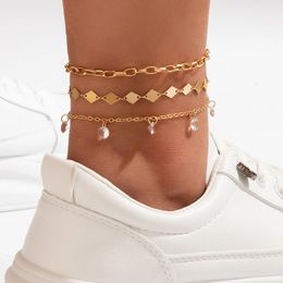 Simple Foot Round Piece Multilayer Anklet Geometric Chain Inlaid Crystal Anklet Bracelets for Women Barefoot Jewelry Accessories