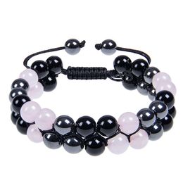 Bilayer Natural Pink Crystal Stone Beads Handmade Braided Couple Bracelet for Women Men Colorful Stone Adjustable Yoga Bracelet