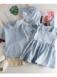 Family Matching Outfits 1-8Y Brother and Sister Outfit Summer Kid Children Clothes Baby Boy Plaid Short Sleeve Shirt Shorts Suit Baby Girl Dress 230614