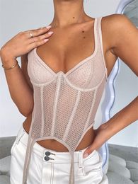 Women's Tanks CHRONSTYLE Fishnet Mesh See Through Patchwork Corsets Tank Tops Chic Women Sleeveless Low Cut V Neck Busiters Hollow Out Vest