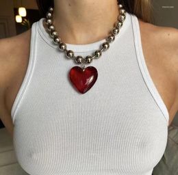 Choker 90s Aesthetic Bead Chain Love Heart Necklace For Women Grunge Hip Hop Pink Hearts Pendants Necklaces Girl Rave Gift Y2k Jewellery