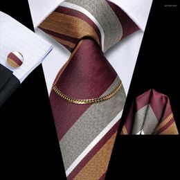 Bow Ties Classic Striped Burgundy Luxury Silk Mens Tie Fashion Necktie Chain Hanky Cufflink Set Gift For Men Wedding Hi-Tie Designer