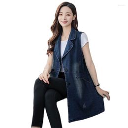 Women's Vests Women Denim Vest Jacket Spring Autumn Medium Long Sleeveless Loose Female Whitened Cowgirl Ladies Trench Coat