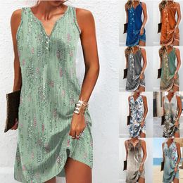 Casual Dresses Fashion Ladies Summer V Neck Elegant Tank Dress Floral Print Vintage Sleeveless Beach Party Boho