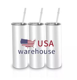 Ready to Ship wholesale 20 oz white blank skinny stainless steel sublimation cup DIY straw cup straight USA Warehouse GG1020