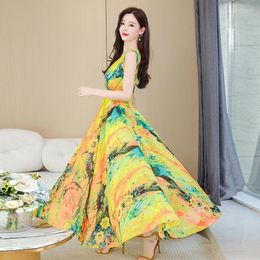 Casual Dresses 2023 Summer Dress Cross V-neck Floral Beach Skirt High Waist Slimming Large Swing Long