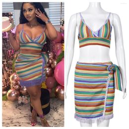 Women's Tracksuits Colorful Patchwork Knitted 2 Piece Skirts Sets Women Spaghetti Straps Bra Top Bandage Tassel Mini Skirt Club Birthday