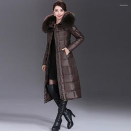 Women's Trench Coats Quality Luxury High Women Long Overcoats Fashion Solid Raccoon Dog Fur Collar Hooded Outerwear Slim Fit Thick Warm Down
