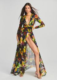 Casual Dresses 2023 Designer Women Sexy Two Piece Tie Dye Dress Long Sleeve Deep V Neck Open Leg Maxi Celebrity Evening Party Gowns