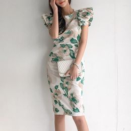 Casual Dresses Korean Summer Elegant Women Dress Mujer Formal Vintage Floral O-Neck Slim Midi Pencil Beach Femme Boho Street Clothes