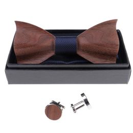 1set Wooden Tie Pocket Square Cufflink Wood Bow Tie Men Accessories Wedding Fashion Wooden Bow Ties Set6422177257k