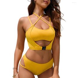 Women's Swimwear FS Sexy Women Yellow Cross Strap Hollow Out Halter Lace Up Bikini Set Lady Split Backless Solid Swimsuit Two Pieces