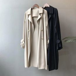 Women Windbreaker Solid Color Long Sleeve Trench Coats Turn-down Collar Midi Length Casual Buttons Sleeve Belt Elegant Autumn Coat
