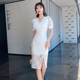 Casual Dresses Fashion Vintage Korean Lace Perspective Puff Sleeve Midi Party Dress Ladies Elegant Embroidery Bodycon Female Split