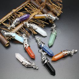 Natural Quartz Stone Pendants Metal Wrapped Hexagonal Green Aventurine Tiger Eye Purple Crystal Pendulum Reiki