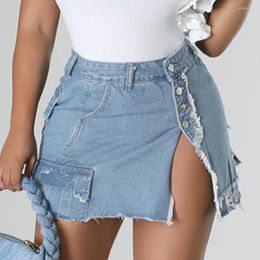 Skirts Denim Mini Pocket Skirt Jean Dress Sexy Y2K Streetwear 2023 Women Summer Clothing Cargo Tassel High Waist Fringe
