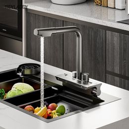 Kitchen Faucets Waterfall Grey Sink Pull Out Water Tap Cold Mixer Rotation Novel Accessorie