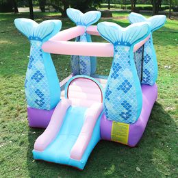 Inflatable Castle Mighty Moonwalk Bouncer House Jumper Blue Little Mermaid Bouncer With Air Blower for Kids Party Outdoor Indoor Play Fun in Garden Small Gifts