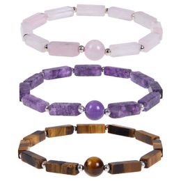 New Natural Amethyst Stone Rectangle Braided Elastic Bracelet for Women Men Colourful Crystal Stone Bracelet Healing Yoga Jewellery