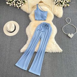 Women's Two Piece Pants Chic Pieces Sets Sexy One Shoulder Diagonal Collar Tank Top And High Waist Lace-up Wide Leg Women Casual Summer