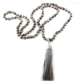 Anhänger Halsketten Mode Bohemian Tribal Schmuck 108pc Mala Perlen Multi Stein Geknüpfte Leder Quaste Halskette Wome Yoga