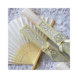 Party Favour Personalised Luxurious Silk Fold Hand Fan Customised Engraved Logo Folding Fans With Gift Box Favours Wedding Gifts Drop Dhzxb