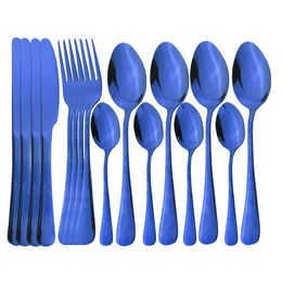 Dinnerware Sets Blue Dinnerware Stainless Steel Tableware Fork Spoon Knife Dinner Set Kitchen Black Cutlery Set Silverware 16Pcs 230614