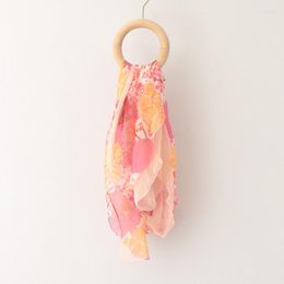 Scarves Pink Floral Print Ruffled Silk Scarf For Women Girl Fashion Neck Light Long Foulard Double Layer Patchwork 2023