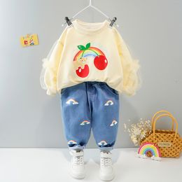 Clothing Sets Autumn Baby Girl Clothes Set Cute Lace Puff Sleeve Outfits Cartoon Cherry Sweater Suit 2PCS Toddler Long Sleeve Shirt Girl 230614