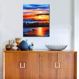 Textured Contemporary Art Fishing by The Sunset Hand Painted Seascape Scenic Canvas Painting Bedroom Decor