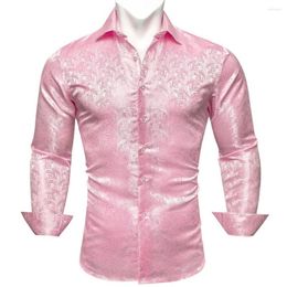 Men's Casual Shirts Designer Silk Mens Pink Paisley Embroidered Tops Long Sleeve Spring Autumn Formal Causal Regular Slim Fit Blouse 632