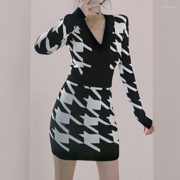 Casual Dresses Fashion Autumn Winter Vintage V-Neck Mini Party Dress Ladies Elegant Long Sleeve Bird Lattice Knitted Bodycon Skinny Short