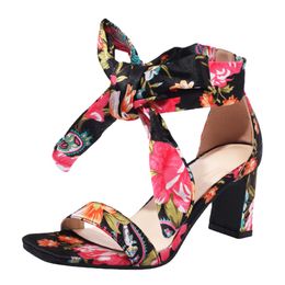 2023 Summer New Womens Chinese Style Ankle Strap Sandals High Heel Sexy Street Square Toe Party Banquet Printed Shoes Size 45