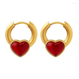 Stud Earrings Gold Colour Plated Titanium Steel Red Crystal Heart For Women Geometric Personality Circle Jewellery