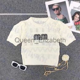 Women's T-Shirt Women's T-Shirt Rhinestone Letter T Shirt Womens Tops Designer Knitted Tees Sexy Hollow Sweater Multi Color J230615